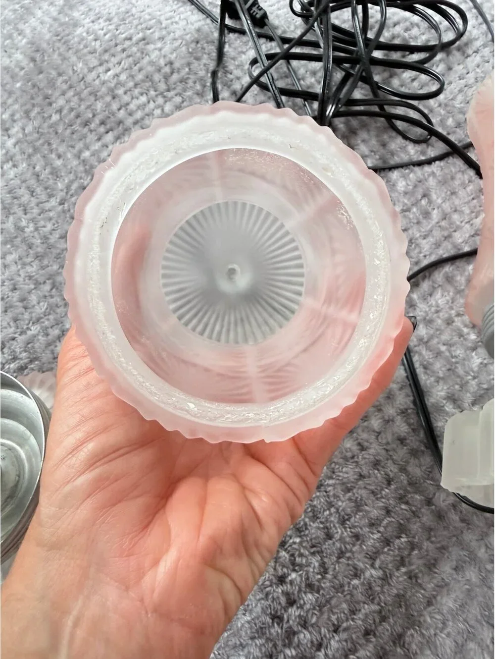 Vintage Pair Pink Satin Glass Boudoir Accent Lamps Starburst Pattern Frosted Gla